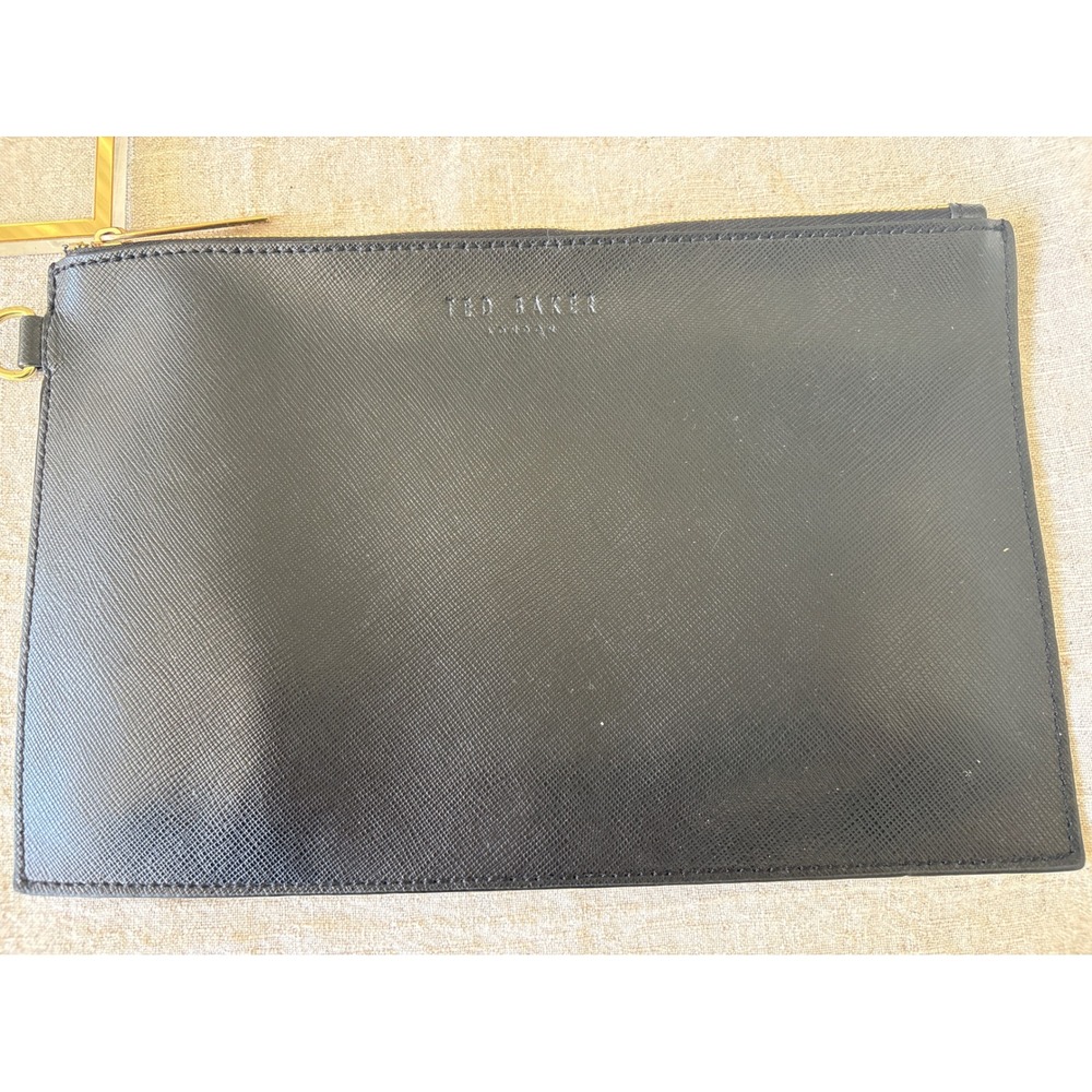 Ted Baker London Black Saffiano Leather Zip Top Clutch Bag Gold Hardware-see pic